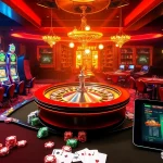 Engaging Luckywin casino scene showcasing vibrant slot machines, roulette wheel, and poker tables.