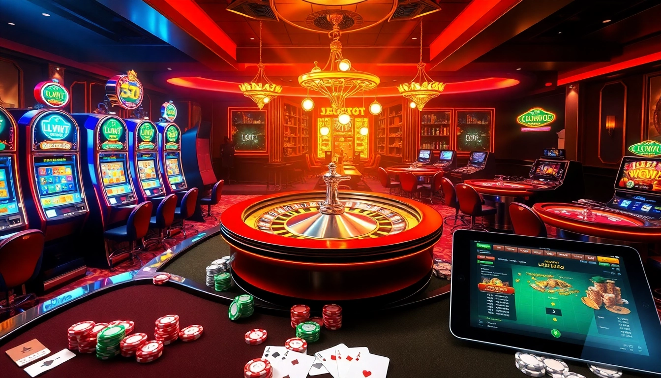 Engaging Luckywin casino scene showcasing vibrant slot machines, roulette wheel, and poker tables.