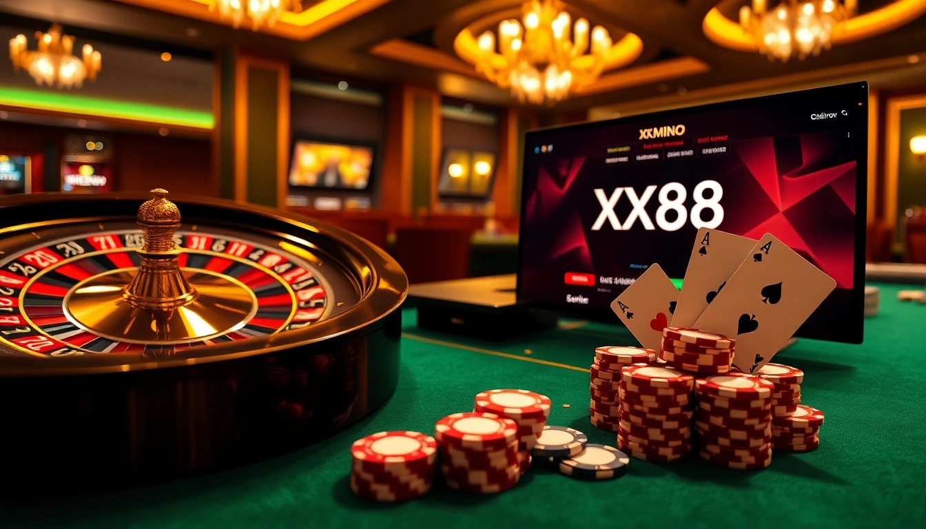 Experience thrilling gambling at XX88 with roulette, poker chips, and more in a luxurious casino.