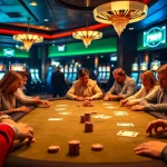 Experience the thrill of PS 99 poker with vibrant chip stacks and engaged players in a luxurious casino setting.