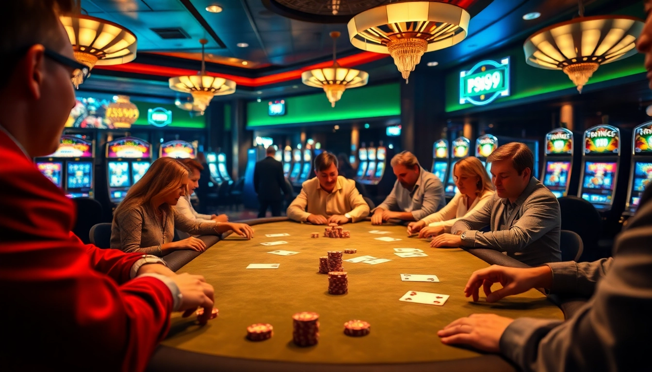 Experience the thrill of PS 99 poker with vibrant chip stacks and engaged players in a luxurious casino setting.
