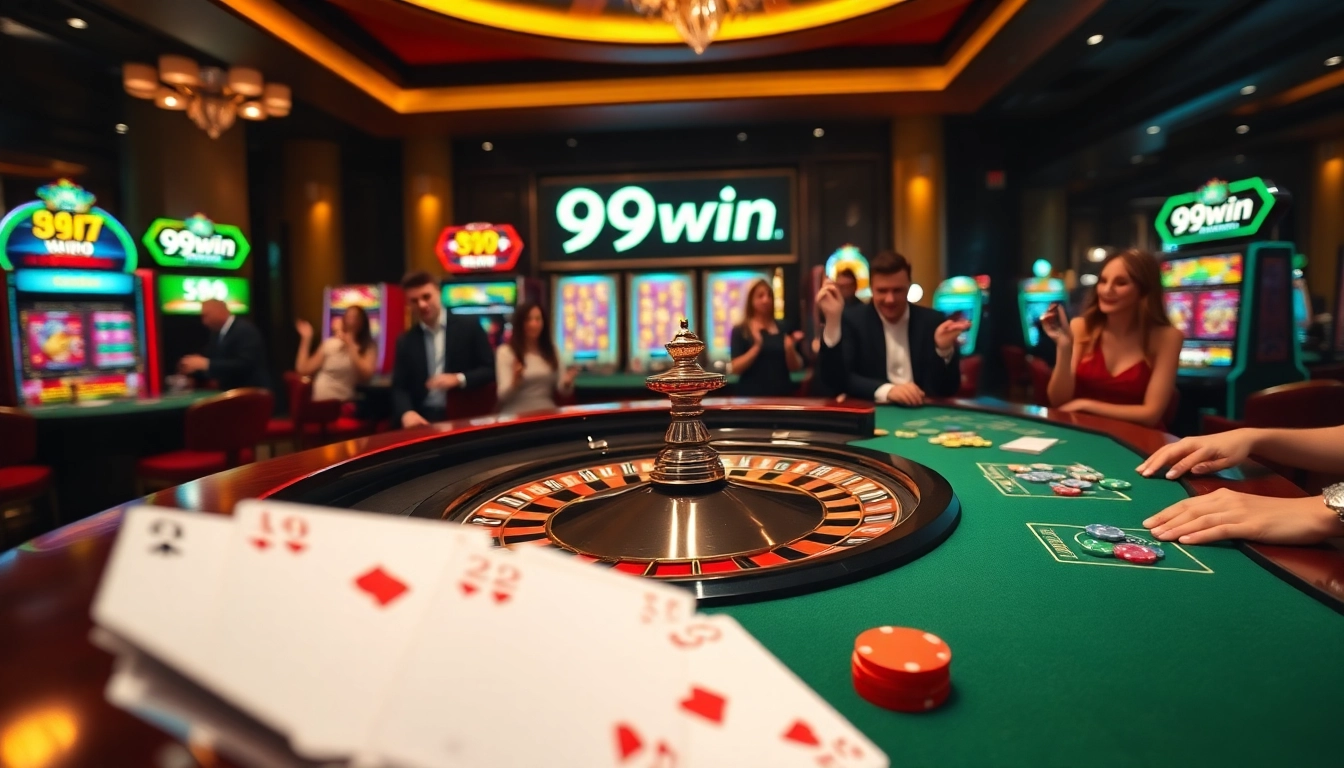 Players engaging with vibrant casino tables, emphasizing the thrill of 99win gaming experience.