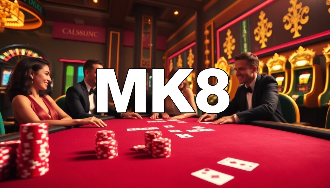 Poker players enjoying a thrilling game at MK8 casino, showcasing excitement and luxury.