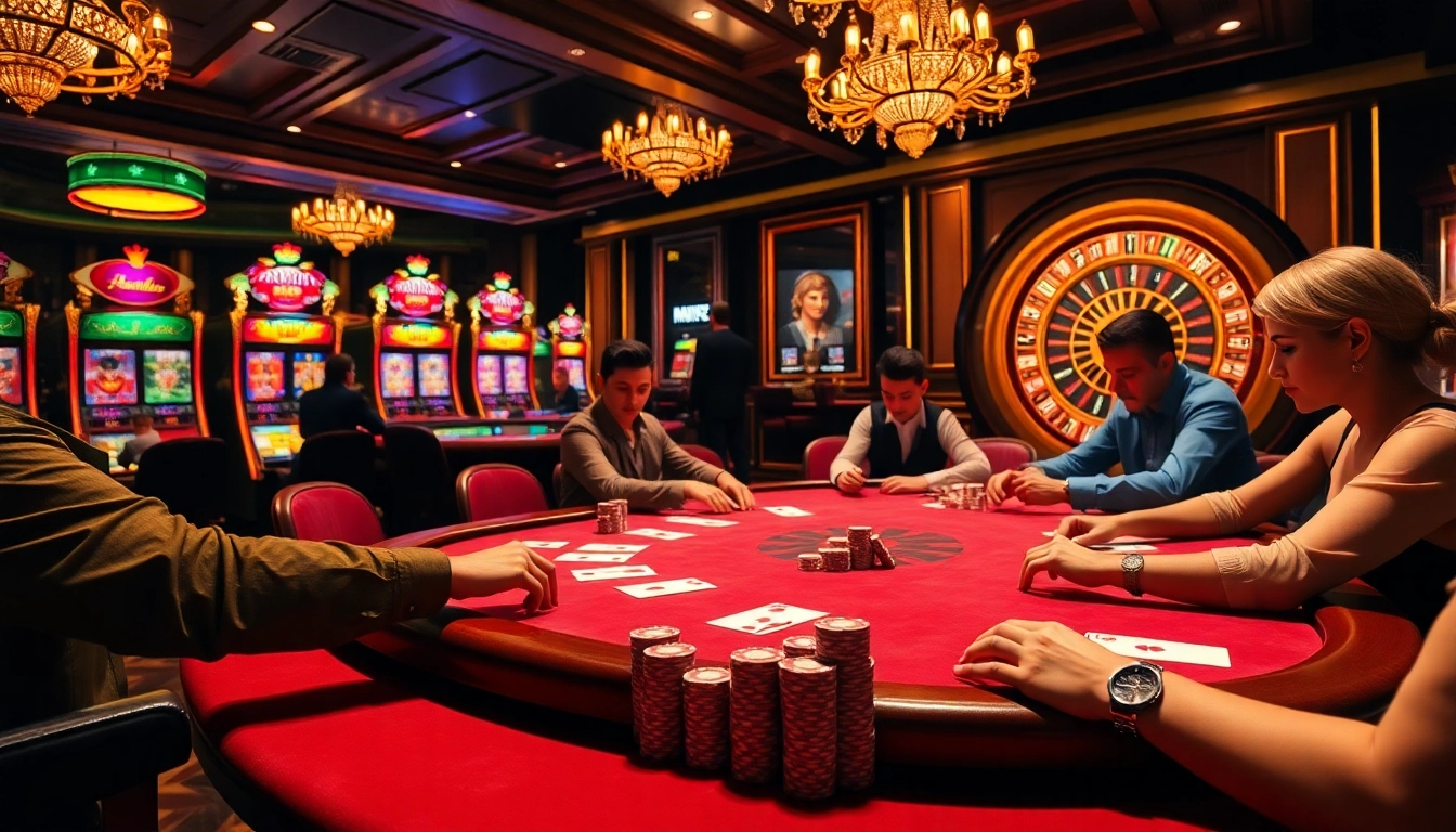 Engaged players at a high-stakes poker table showcasing mb66 branded chips and cards.
