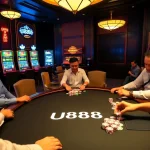 U888 poker table scene with vibrant chips and exciting casino atmosphere.