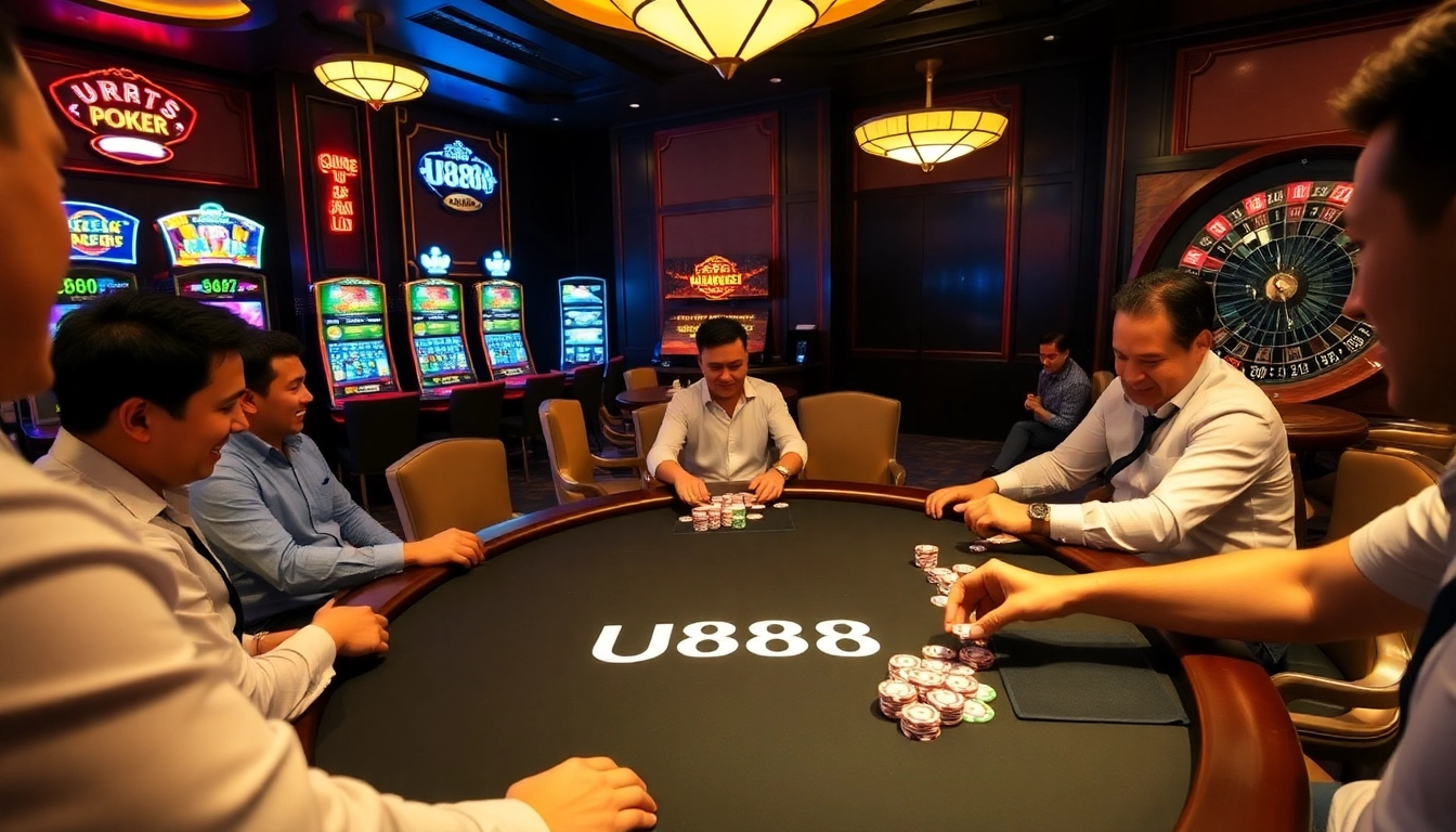 U888 poker table scene with vibrant chips and exciting casino atmosphere.