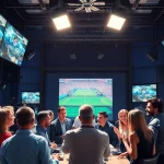 Engaging broadcasters in a lively sports broadcasting studio with vibrant visuals.