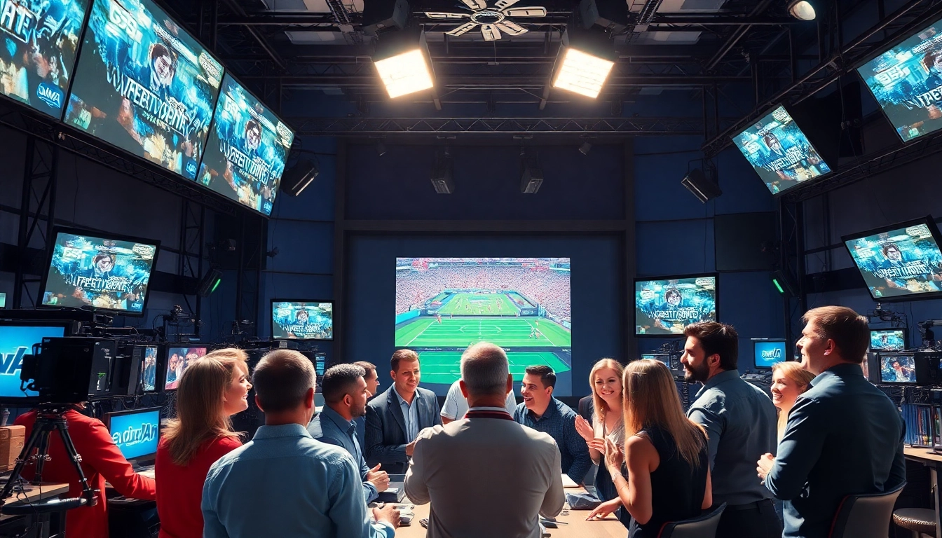 Engaging broadcasters in a lively sports broadcasting studio with vibrant visuals.