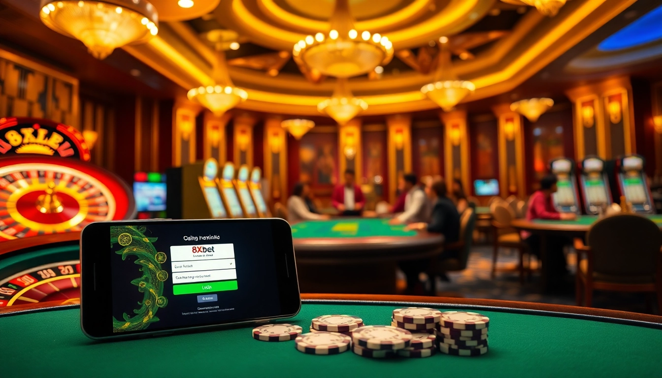 Experience the thrill of đăng nhập 8xbet with a vibrant online gambling interface showcasing dynamic casino elements.