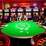 Exciting poker game with players at LUCK8 casino, showcasing vibrant slot machines and luxurious atmosphere.