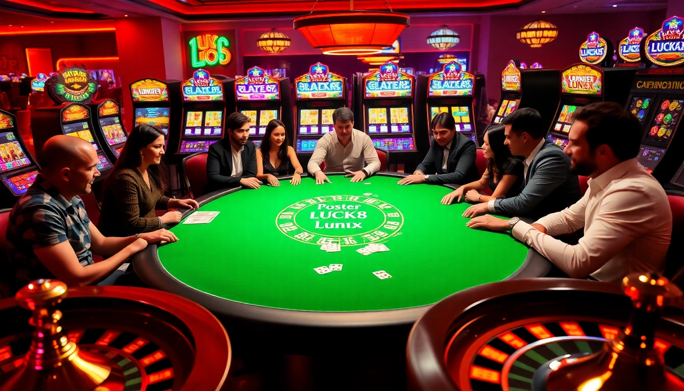 Exciting poker game with players at LUCK8 casino, showcasing vibrant slot machines and luxurious atmosphere.