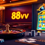 Engaging gamblers at 88vv with a vibrant online casino scene featuring poker and roulette.