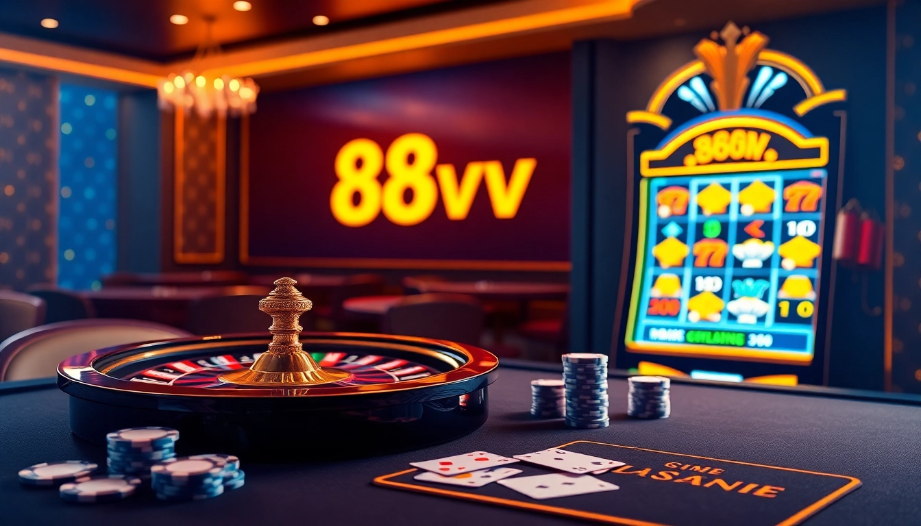 Engaging gamblers at 88vv with a vibrant online casino scene featuring poker and roulette.