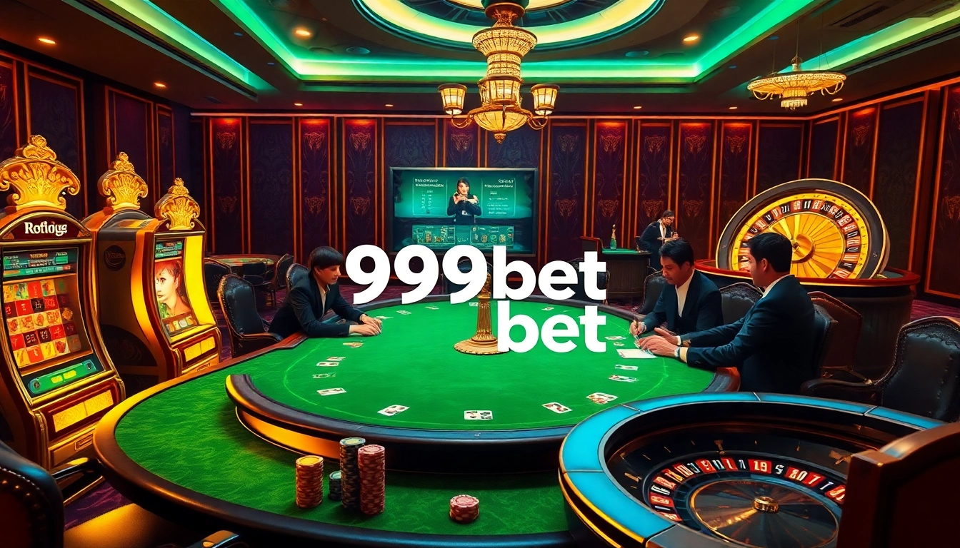 Exciting casino scene with players at a poker table, showcasing 999bet's gaming experience.