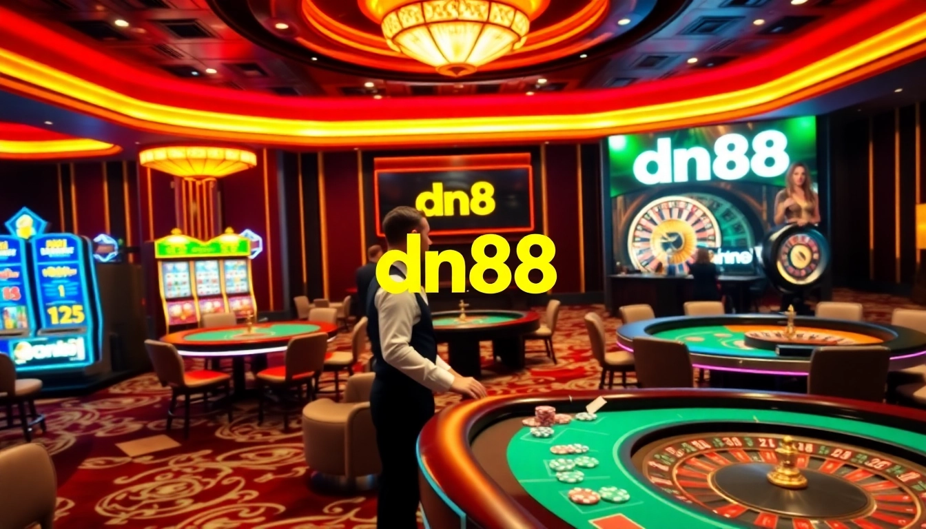 Engage in the thrill of dn88 at an elegant casino gaming floor with poker and baccarat tables.