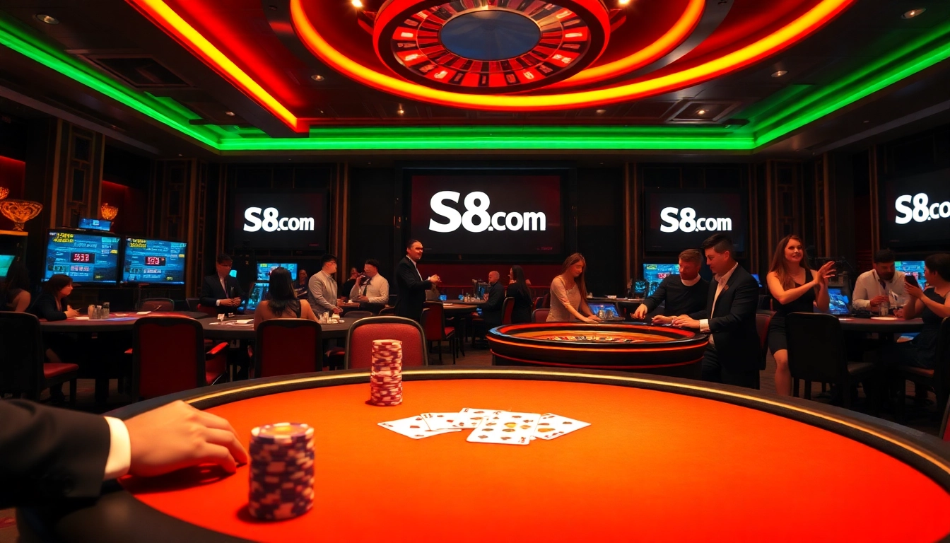 A dynamic casino scene showcasing the S8 com brand with engaged players and professional dealers at a poker table.