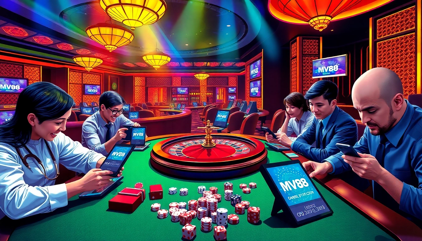 Players enjoying a thrilling MV88 online casino experience at luxurious gaming tables.