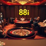 Gamblers engaging with 88i-themed casino games in an upscale interior.
