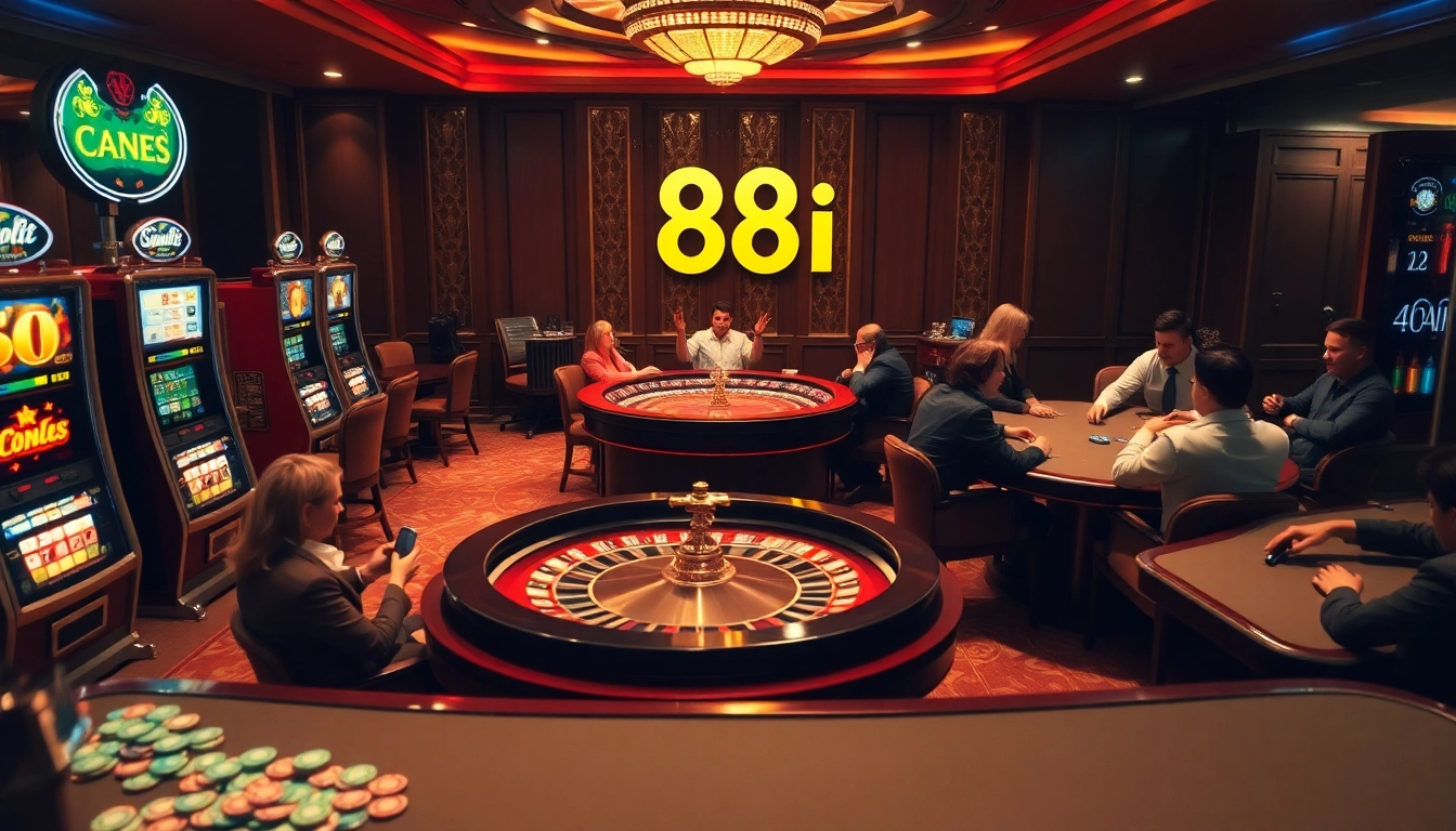 Gamblers engaging with 88i-themed casino games in an upscale interior.