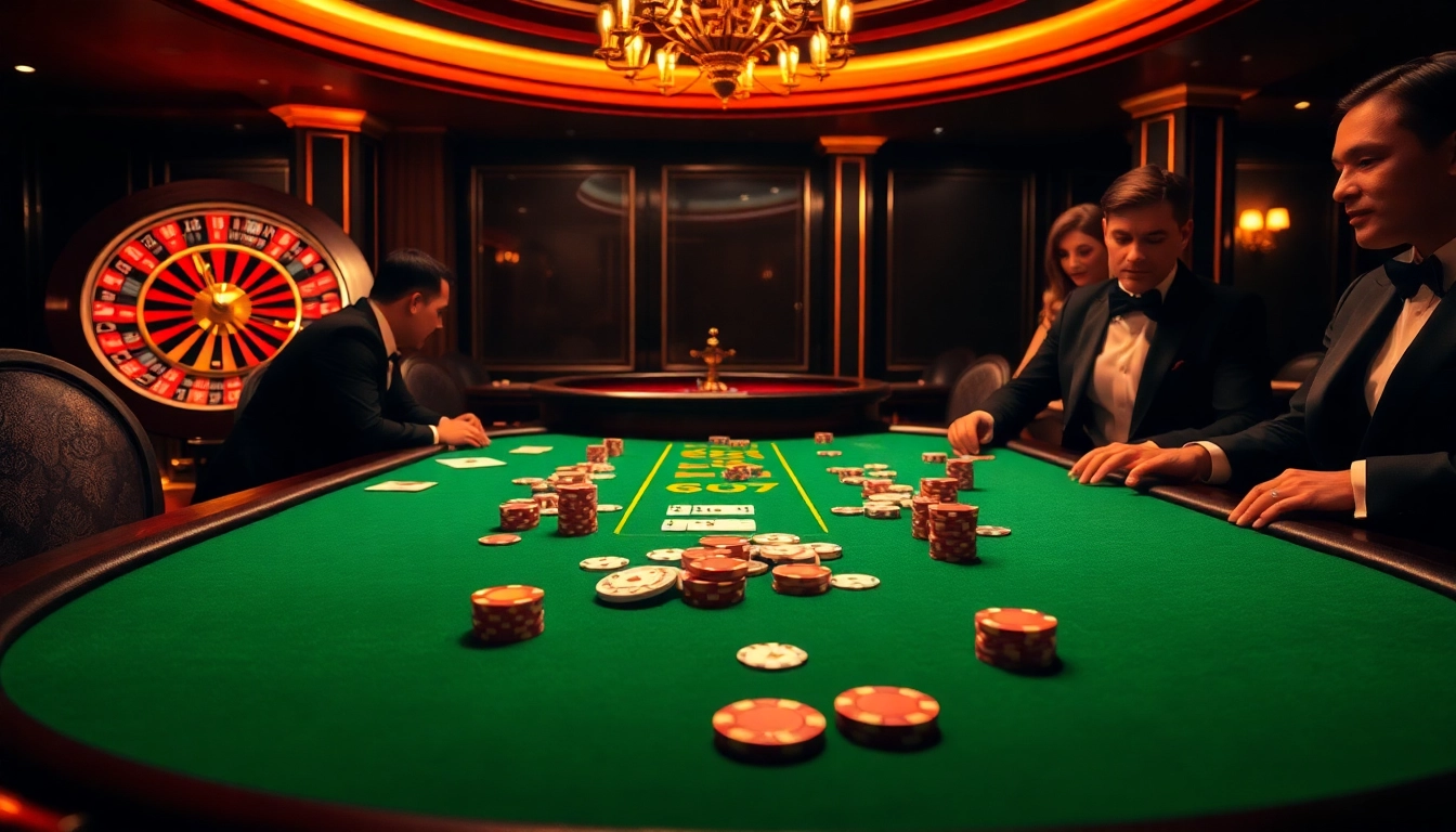 Engaged players competing at a luxurious g88 poker table in a vibrant casino setting.
