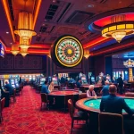 High-energy scene at Hitclub casino featuring players at poker and slot machines.