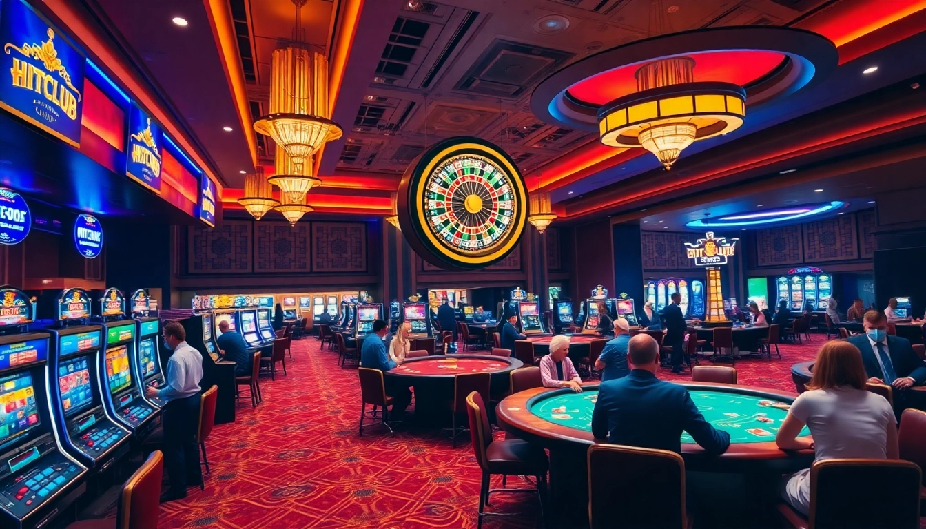 High-energy scene at Hitclub casino featuring players at poker and slot machines.