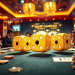 Excited players engaging in Game tài xỉu with vibrant casino atmosphere and dice rolling.