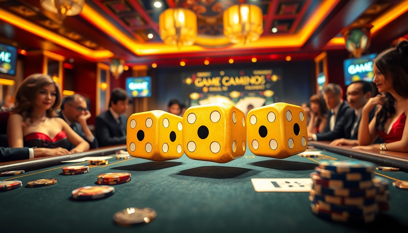Excited players engaging in Game tài xỉu with vibrant casino atmosphere and dice rolling.
