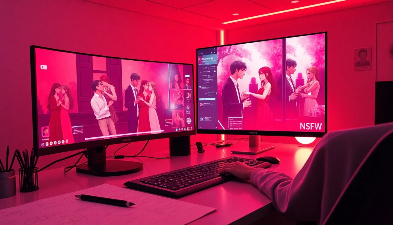 AI NSFW image generator in a modern workspace with colorful character art.