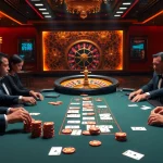 A professional gambling scene showcasing alo789 with players at a sleek poker table, engaging in high-stakes gameplay.