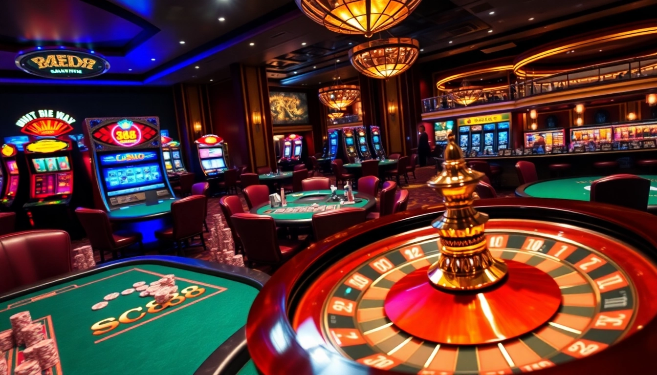 Experience the thrill of sc88 as players strategize with poker chips and roulette wheels in a lavish casino setting.