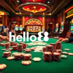 Experience the thrill of casino gaming at hello88 with vibrant poker chips, cards, and a roulette wheel.