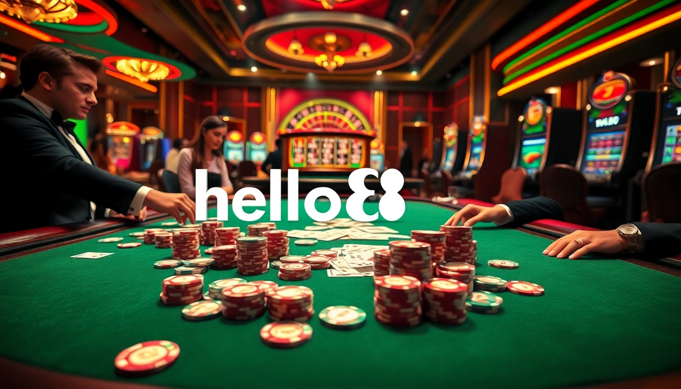 Experience the thrill of casino gaming at hello88 with vibrant poker chips, cards, and a roulette wheel.
