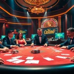 Players enjoying high-stakes poker at a luxurious 11UU casino table, capturing the excitement of gambling.
