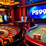 Experience the excitement at PS99 with a vibrant casino setting showcasing roulette, poker, and slot machines.