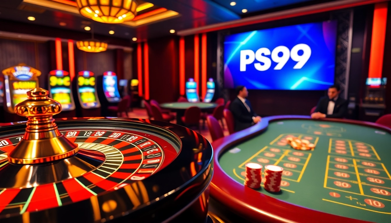 Experience the excitement at PS99 with a vibrant casino setting showcasing roulette, poker, and slot machines.
