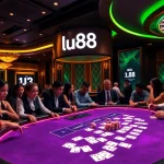 lu88 casino table with vibrant poker chips and illuminated cards featuring enthusiastic gamblers.