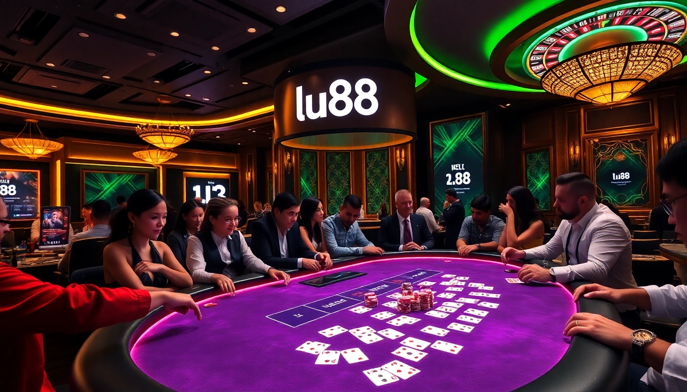 lu88 casino table with vibrant poker chips and illuminated cards featuring enthusiastic gamblers.