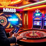 Experience the excitement of MM88 online casino gameplay with immersive slot games and vibrant poker chips.