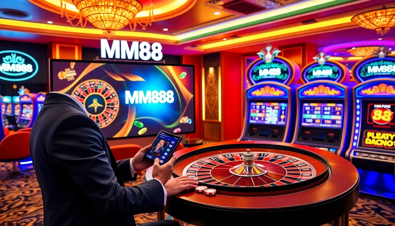 Experience the excitement of MM88 online casino gameplay with immersive slot games and vibrant poker chips.
