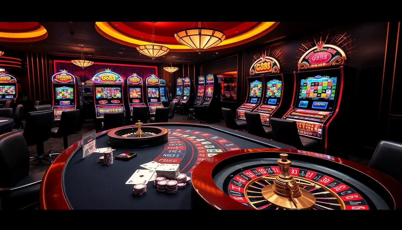 Experience the excitement of go88 with vibrant slot machines and a thrilling poker table scene.
