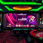 Play engaging casino games at xx88.com, featuring vibrant tables, slot machines, and poker chips.