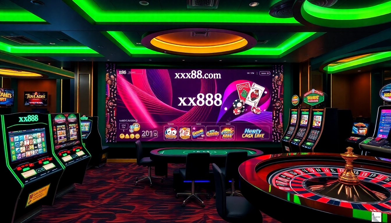 Play engaging casino games at xx88.com, featuring vibrant tables, slot machines, and poker chips.