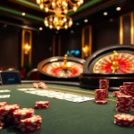 Engaging poker players in an upscale casino atmosphere at 888now with colorful chips and cards.