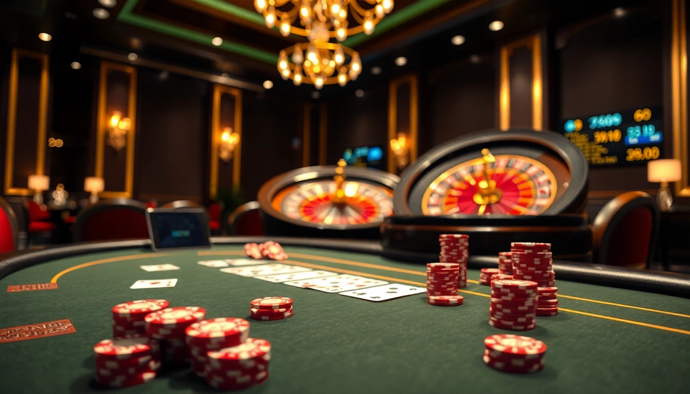 Engaging poker players in an upscale casino atmosphere at 888now with colorful chips and cards.