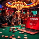 Experience the thrill of winning at the luckywin login casino table, surrounded by vibrant gaming elements.