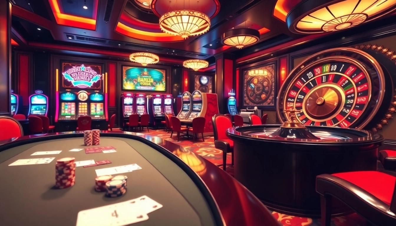Engaging gamblers at GG88 with an exciting casino scene featuring poker, slots, and roulette.