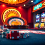 Action-packed scene with casino elements including cards, dice, and roulette highlighting OKFUN gambling experience.