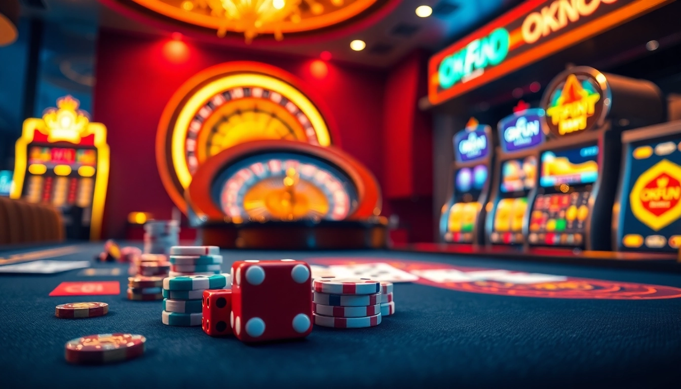 Action-packed scene with casino elements including cards, dice, and roulette highlighting OKFUN gambling experience.