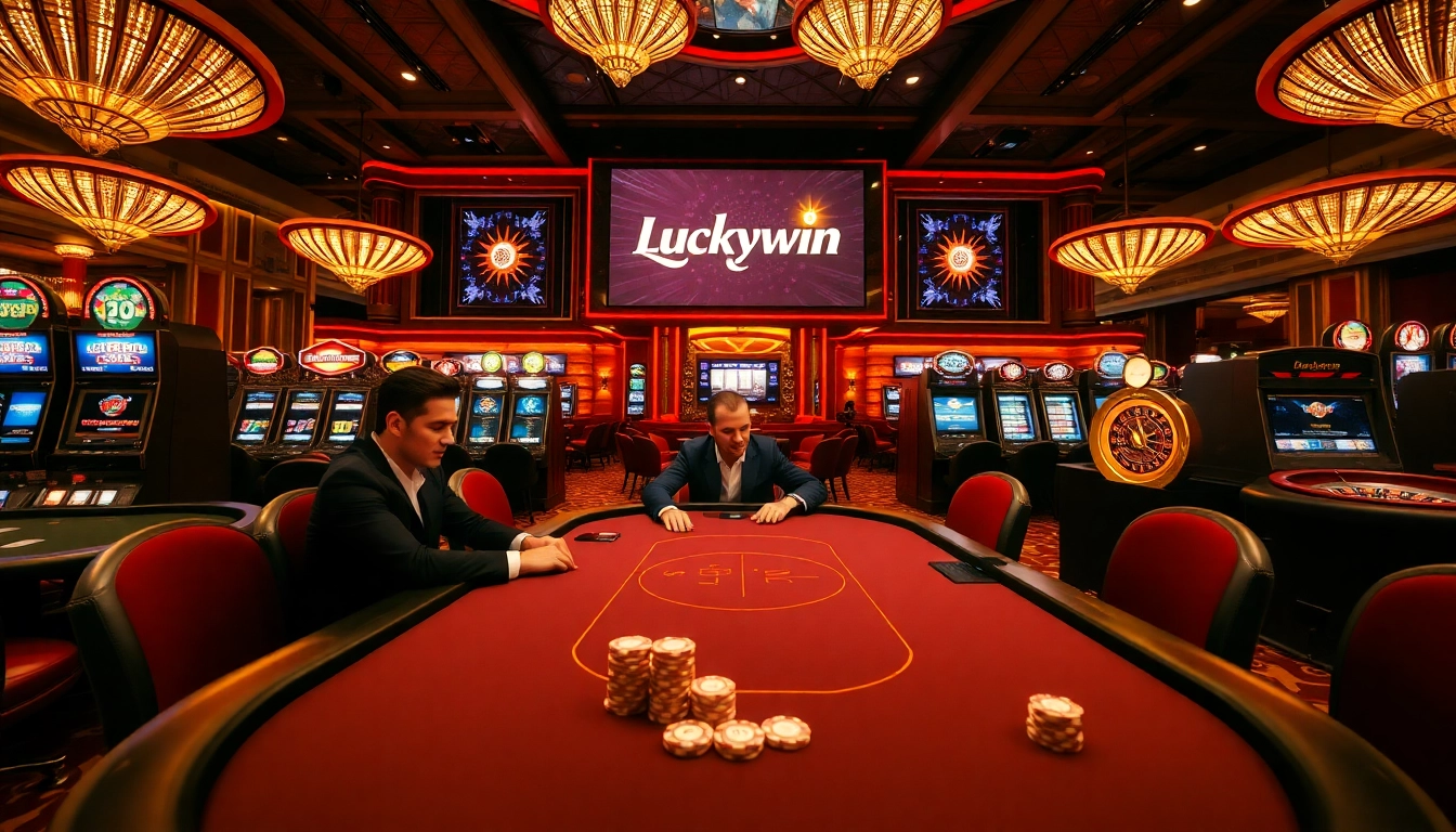 Experience excitement at Luckywin with vibrant casino visuals of poker and roulette.